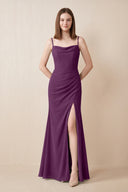 Cami Strap Chiffon Sheath Bridesmaid Dress with Slit in Fig | KISSBRIDAL