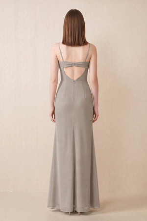 Cami Strap Chiffon Sheath Bridesmaid Dress with Slit in Frost (2) | KISSBRIDAL