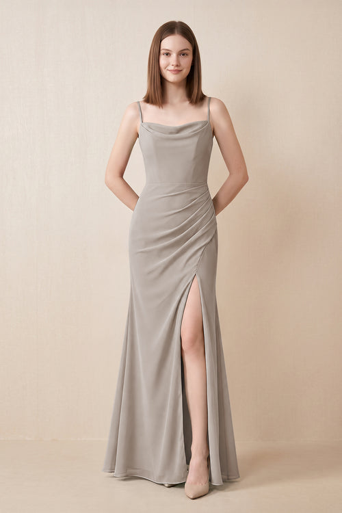 Cami Strap Chiffon Sheath Bridesmaid Dress with Slit in Frost | KISSBRIDAL
