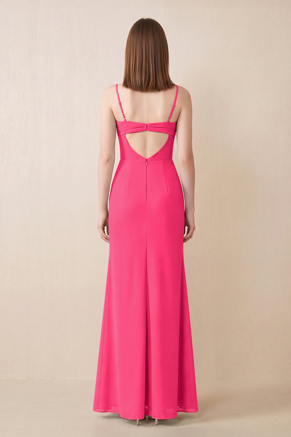 Cami Strap Chiffon Sheath Bridesmaid Dress with Slit in Fuchsia (2) | KISSBRIDAL