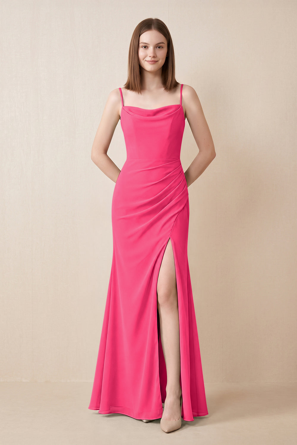 Cami Strap Chiffon Sheath Bridesmaid Dress with Slit in Fuchsia