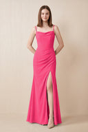 Cami Strap Chiffon Sheath Bridesmaid Dress with Slit in Fuchsia | KISSBRIDAL