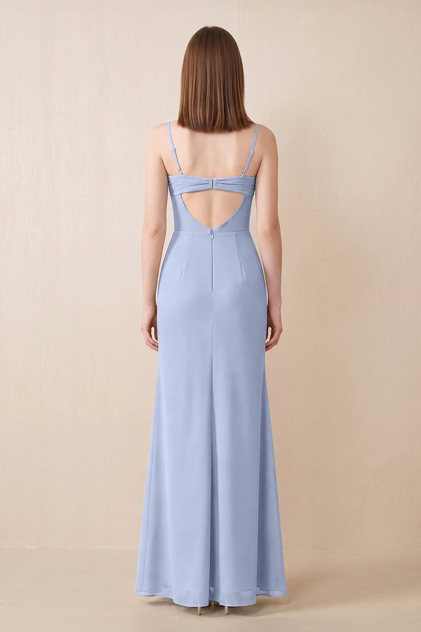 Cami Strap Chiffon Sheath Bridesmaid Dress with Slit in Ice (2) | KISSBRIDAL