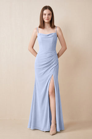Cami Strap Chiffon Sheath Bridesmaid Dress with Slit in Ice | KISSBRIDAL