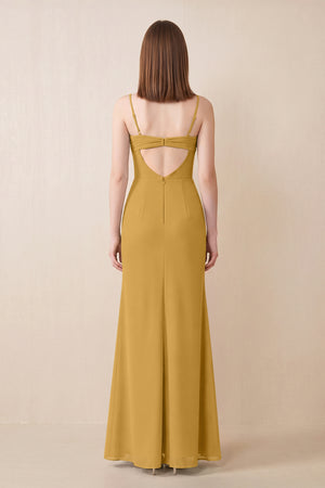Cami Strap Chiffon Sheath Bridesmaid Dress with Slit in Marigold (2) | KISSBRIDAL