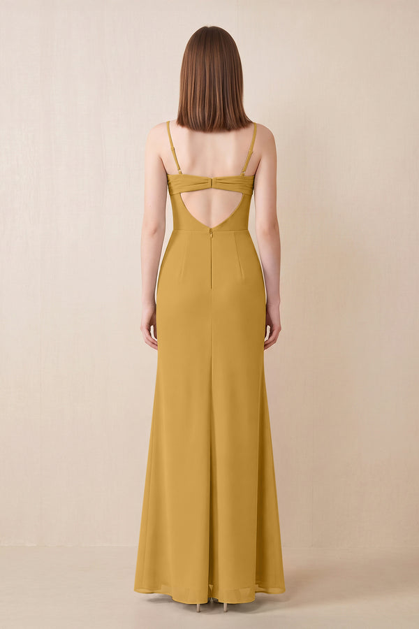 Cami Strap Chiffon Sheath Bridesmaid Dress with Slit in Marigold (2) | KISSBRIDAL