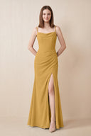 Cami Strap Chiffon Sheath Bridesmaid Dress with Slit in Marigold | KISSBRIDAL