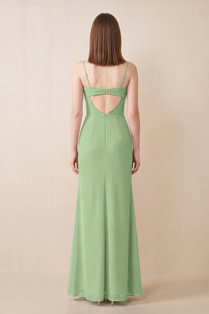 Cami Strap Chiffon Sheath Bridesmaid Dress with Slit in Matcha (2) | KISSBRIDAL