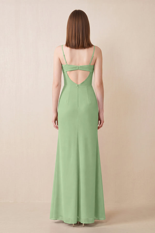 Cami Strap Chiffon Sheath Bridesmaid Dress with Slit in Matcha (2) | KISSBRIDAL