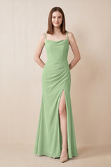 Cami Strap Chiffon Sheath Bridesmaid Dress with Slit in Matcha | KISSBRIDAL
