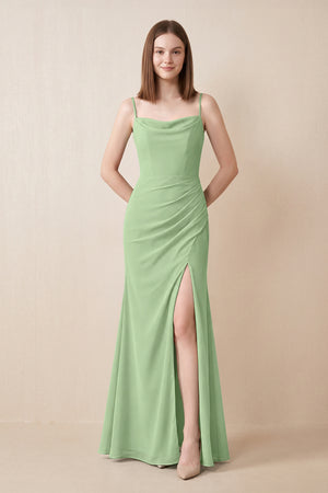 Cami Strap Chiffon Sheath Bridesmaid Dress with Slit in Matcha | KISSBRIDAL