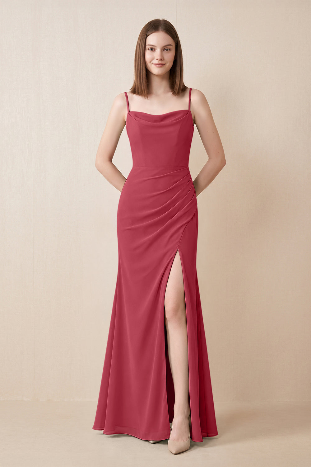 Cami Strap Chiffon Sheath Bridesmaid Dress with Slit in Merlot