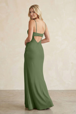 Cami Strap Chiffon Sheath Bridesmaid Dress with Slit in Moss (2) | KISSBRIDAL