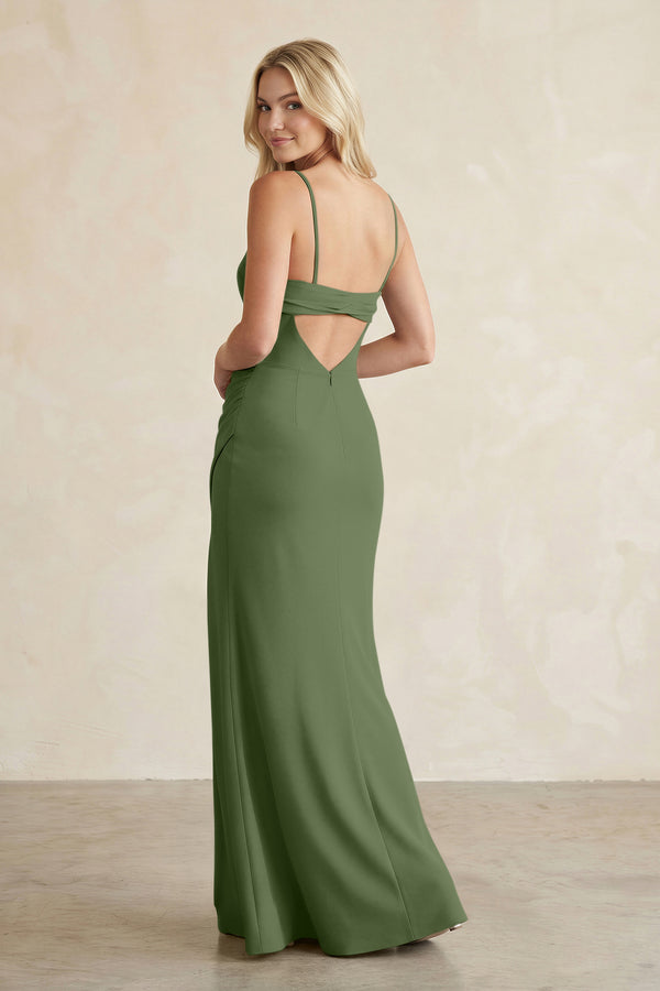 Cami Strap Chiffon Sheath Bridesmaid Dress with Slit in Moss (2) | KISSBRIDAL
