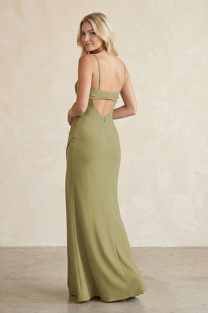 Cami Strap Chiffon Sheath Bridesmaid Dress with Slit in Moss Green (2) | KISSBRIDAL