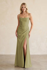 Cami Strap Chiffon Sheath Bridesmaid Dress with Slit in Moss Green | KISSBRIDAL
