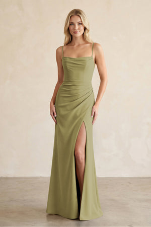 Cami Strap Chiffon Sheath Bridesmaid Dress with Slit in Moss Green | KISSBRIDAL