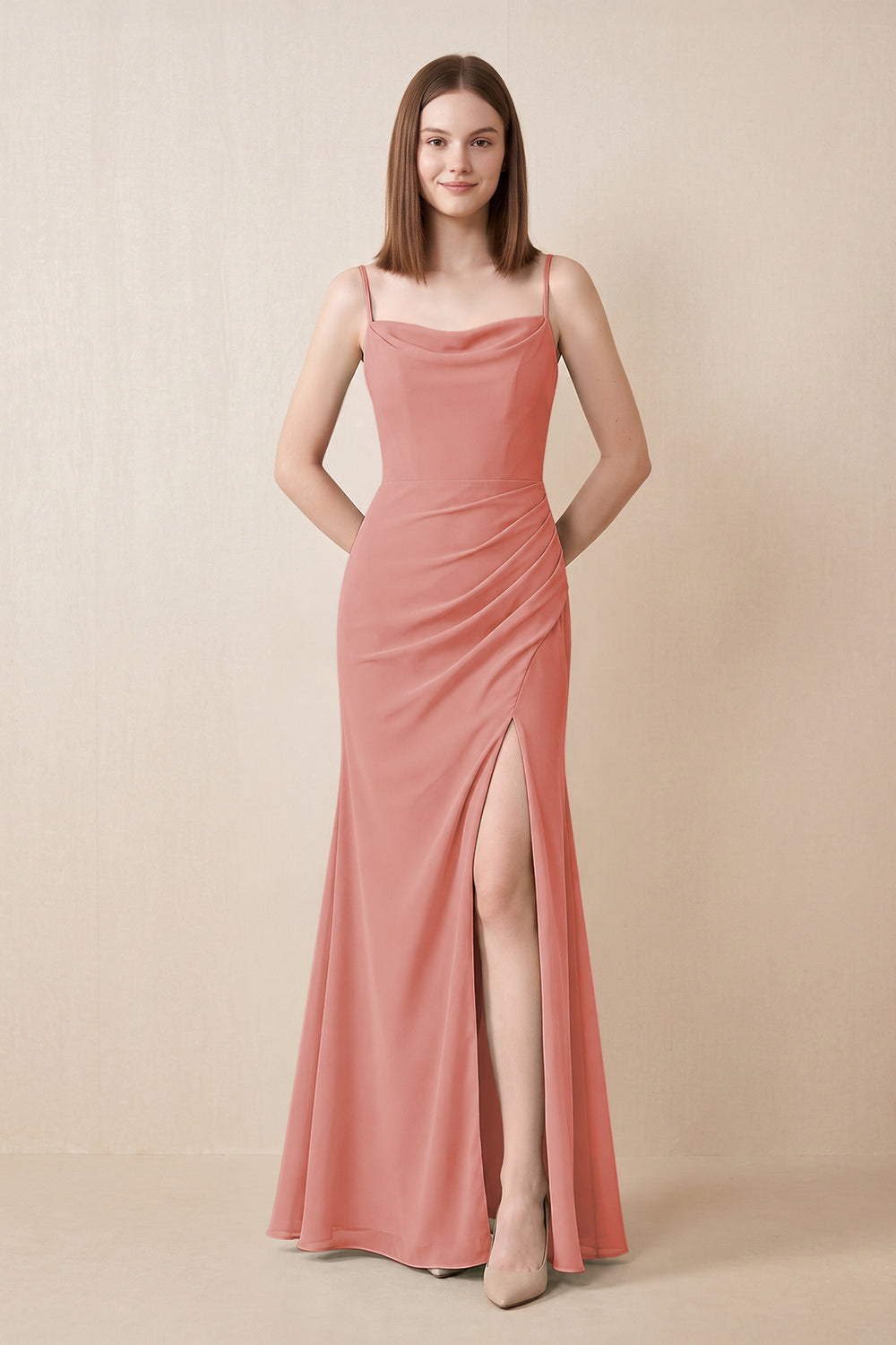 Cami Strap Chiffon Sheath Bridesmaid Dress with Slit in Mulberry