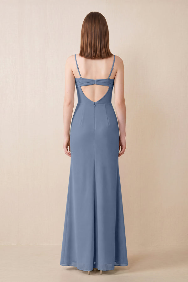 Cami Strap Chiffon Sheath Bridesmaid Dress with Slit in Neptune (2) | KISSBRIDAL