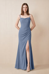 Cami Strap Chiffon Sheath Bridesmaid Dress with Slit in Neptune | KISSBRIDAL