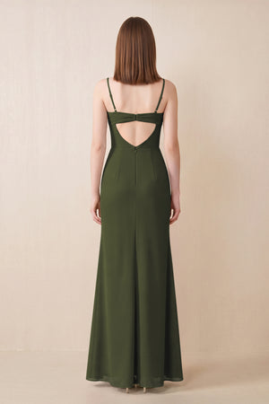 Cami Strap Chiffon Sheath Bridesmaid Dress with Slit in Olive (2) | KISSBRIDAL