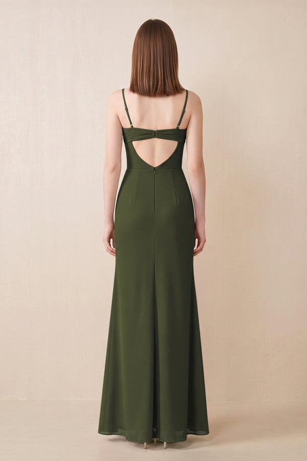 Cami Strap Chiffon Sheath Bridesmaid Dress with Slit in Olive (2) | KISSBRIDAL