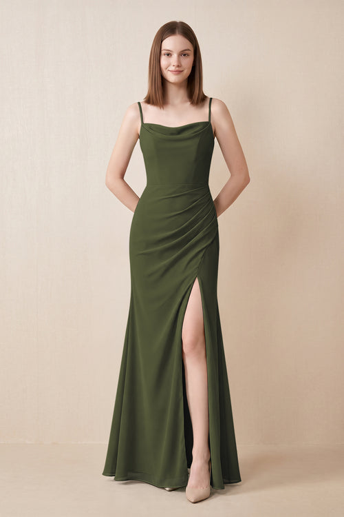 Cami Strap Chiffon Sheath Bridesmaid Dress with Slit in Olive | KISSBRIDAL
