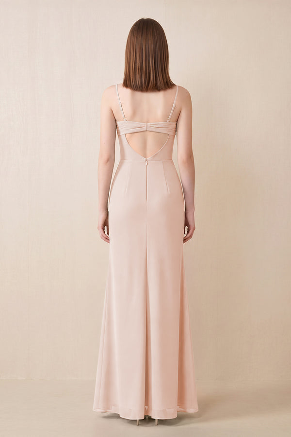 Cami Strap Chiffon Sheath Bridesmaid Dress with Slit in Pale Blush (2) | KISSBRIDAL