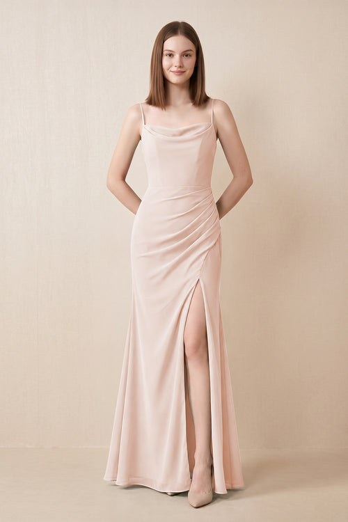 Cami Strap Chiffon Sheath Bridesmaid Dress with Slit in Pale Blush | KISSBRIDAL