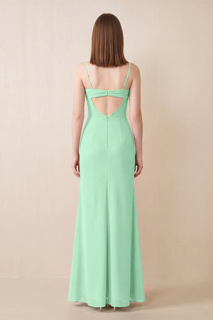 Cami Strap Chiffon Sheath Bridesmaid Dress with Slit in Pale Pistachio (2) | KISSBRIDAL