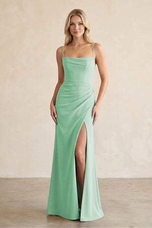 Cami Strap Chiffon Sheath Bridesmaid Dress with Slit in Pale Pistachio - SHE IS ME Bridesmaid Dresses