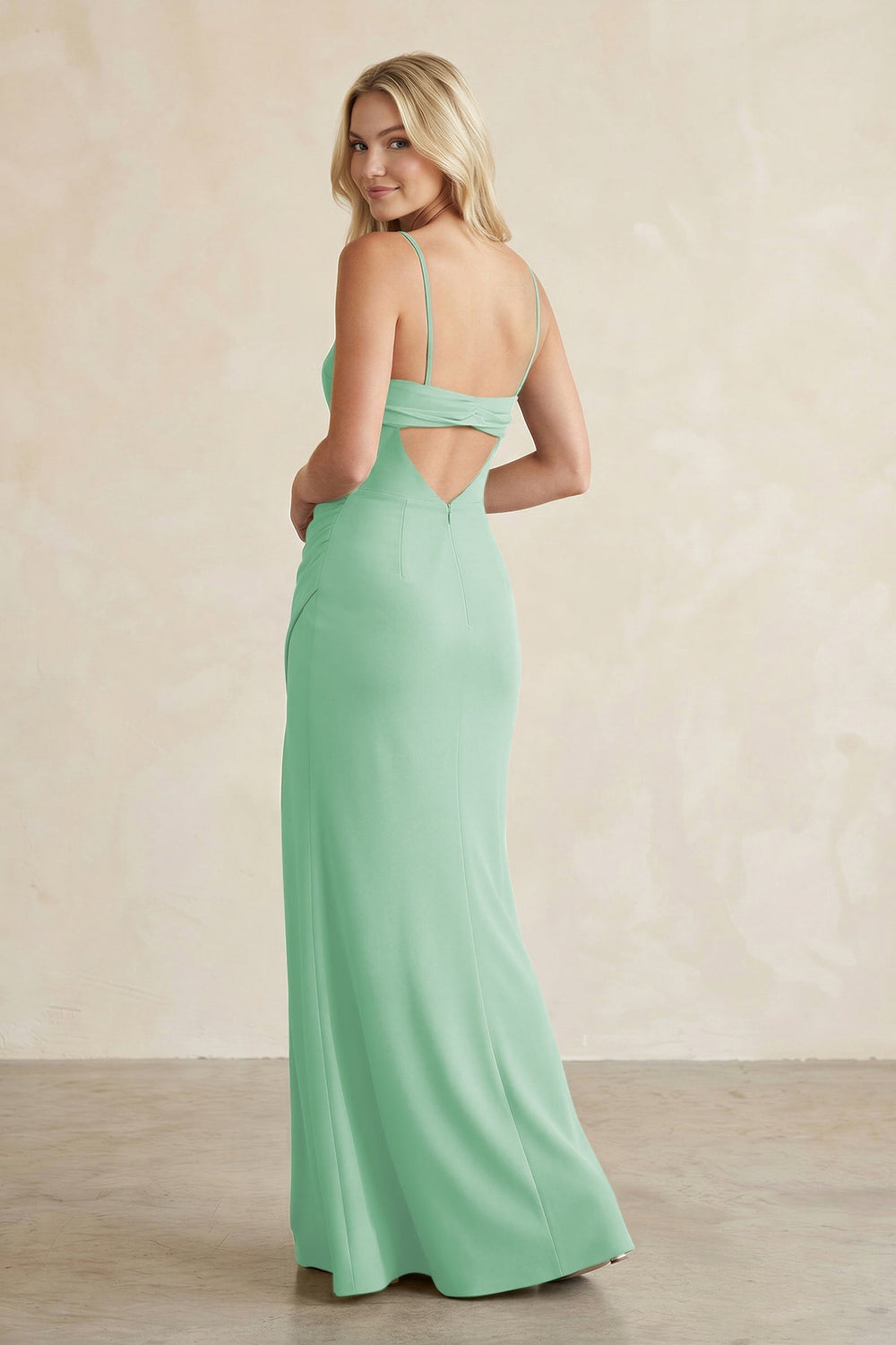 Cami Strap Chiffon Sheath Bridesmaid Dress with Slit in Pale Pistachio - KISS BRIDAL Bridesmaid Dresses