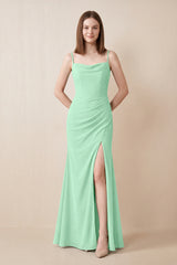 Cami Strap Chiffon Sheath Bridesmaid Dress with Slit in Pale Pistachio | KISSBRIDAL