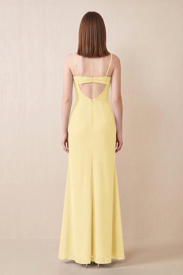 Cami Strap Chiffon Sheath Bridesmaid Dress with Slit in Pastel Yellow (2) | KISSBRIDAL