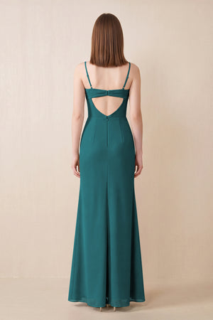 Cami Strap Chiffon Sheath Bridesmaid Dress with Slit in Pine (2) | KISSBRIDAL