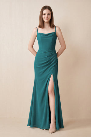 Cami Strap Chiffon Sheath Bridesmaid Dress with Slit in Pine | KISSBRIDAL