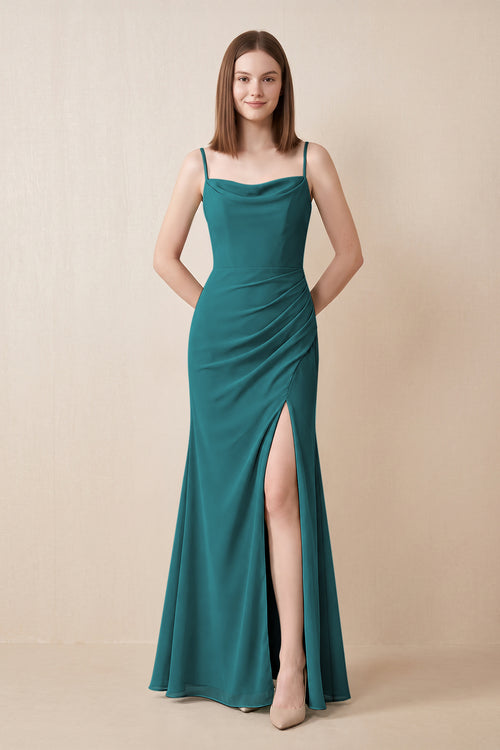 Cami Strap Chiffon Sheath Bridesmaid Dress with Slit in Pine | KISSBRIDAL