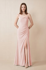 Cami Strap Chiffon Sheath Bridesmaid Dress with Slit in Rose Petal | KISSBRIDAL