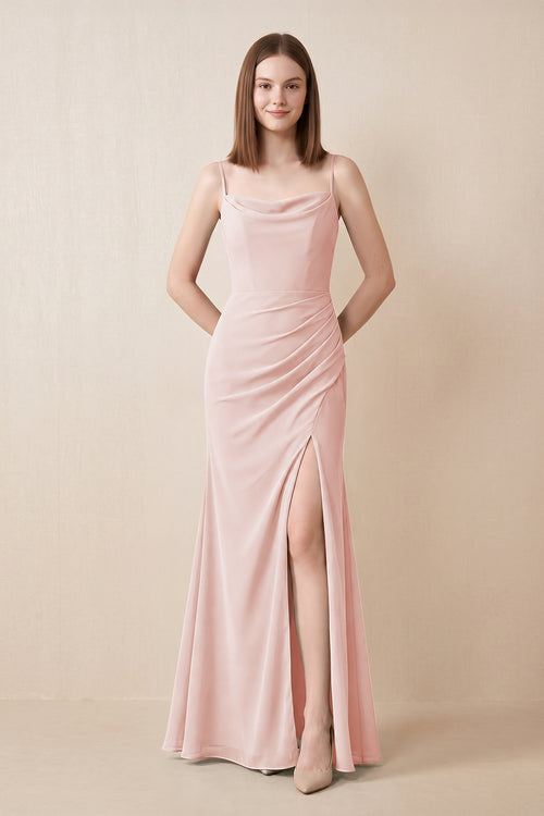 Cami Strap Chiffon Sheath Bridesmaid Dress with Slit in Rose Petal | KISSBRIDAL