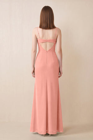 Cami Strap Chiffon Sheath Bridesmaid Dress with Slit in Rosette (2) | KISSBRIDAL