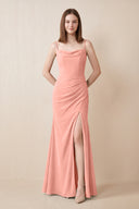 Cami Strap Chiffon Sheath Bridesmaid Dress with Slit in Rosette | KISSBRIDAL