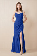 Cami Strap Chiffon Sheath Bridesmaid Dress with Slit in Royal Blue | KISSBRIDAL