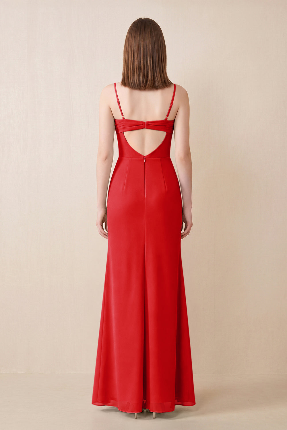 Cami Strap Chiffon Sheath Bridesmaid Dress with Slit in Ruby Red