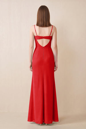 Cami Strap Chiffon Sheath Bridesmaid Dress with Slit in Ruby Red (2) | KISSBRIDAL