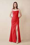 Cami Strap Chiffon Sheath Bridesmaid Dress with Slit in Ruby Red | KISSBRIDAL