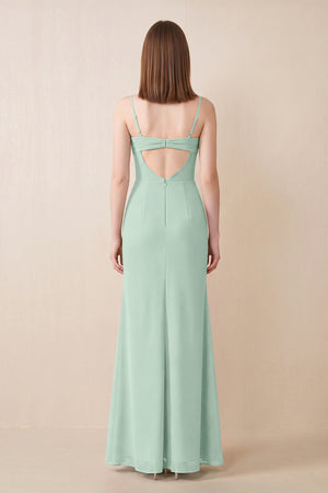 Cami Strap Chiffon Sheath Bridesmaid Dress with Slit in Sage (2) | KISSBRIDAL