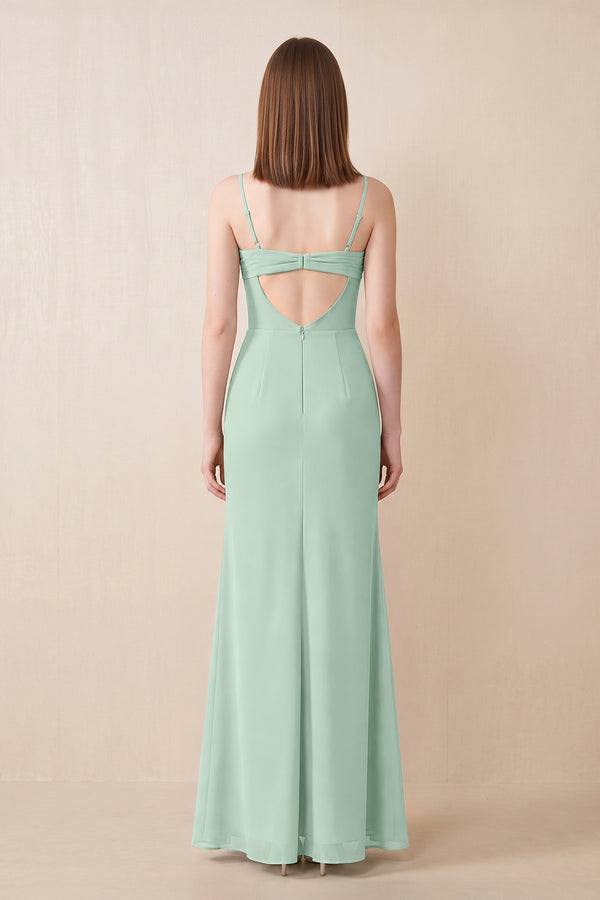 Cami Strap Chiffon Sheath Bridesmaid Dress with Slit in Sage (2) | KISSBRIDAL