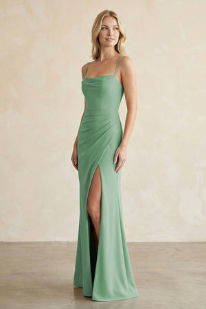 Cami Strap Chiffon Sheath Bridesmaid Dress with Slit in Sea Glass - SHE IS ME Bridesmaid Dresses