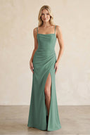 Cami Strap Chiffon Sheath Bridesmaid Dress with Slit in Sea Glass | KISSBRIDAL