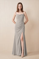 Cami Strap Chiffon Sheath Bridesmaid Dress with Slit in Silver | KISSBRIDAL